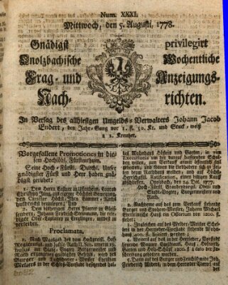 Onolzbachische wochentliche Frag- und Anzeigungsnachrichten (Ansbacher Intelligenz-Zeitung) Mittwoch 5. August 1778