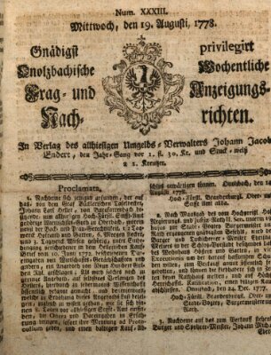 Onolzbachische wochentliche Frag- und Anzeigungsnachrichten (Ansbacher Intelligenz-Zeitung) Mittwoch 19. August 1778