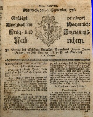 Onolzbachische wochentliche Frag- und Anzeigungsnachrichten (Ansbacher Intelligenz-Zeitung) Mittwoch 23. September 1778