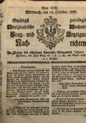 Onolzbachische wochentliche Frag- und Anzeigungsnachrichten (Ansbacher Intelligenz-Zeitung) Mittwoch 28. Oktober 1778