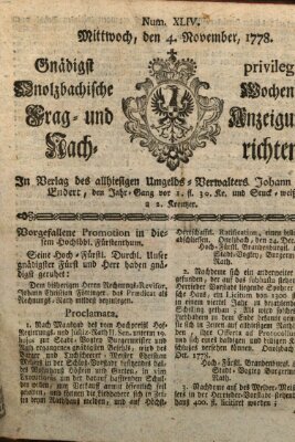 Onolzbachische wochentliche Frag- und Anzeigungsnachrichten (Ansbacher Intelligenz-Zeitung) Mittwoch 4. November 1778