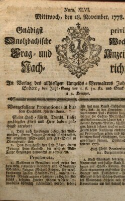 Onolzbachische wochentliche Frag- und Anzeigungsnachrichten (Ansbacher Intelligenz-Zeitung) Mittwoch 18. November 1778