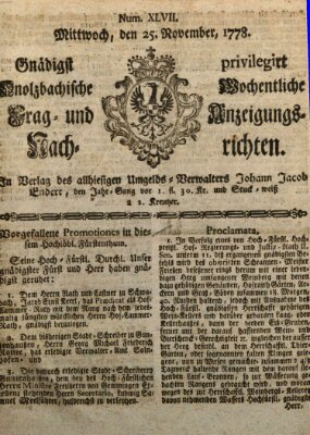 Onolzbachische wochentliche Frag- und Anzeigungsnachrichten (Ansbacher Intelligenz-Zeitung) Mittwoch 25. November 1778