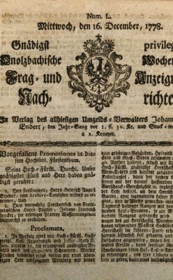 Onolzbachische wochentliche Frag- und Anzeigungsnachrichten (Ansbacher Intelligenz-Zeitung) Mittwoch 16. Dezember 1778