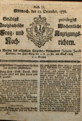 Onolzbachische wochentliche Frag- und Anzeigungsnachrichten (Ansbacher Intelligenz-Zeitung) Mittwoch 23. Dezember 1778