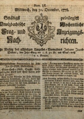 Onolzbachische wochentliche Frag- und Anzeigungsnachrichten (Ansbacher Intelligenz-Zeitung) Mittwoch 30. Dezember 1778