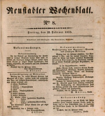 Neustadter Wochenblatt Freitag 22. Februar 1833