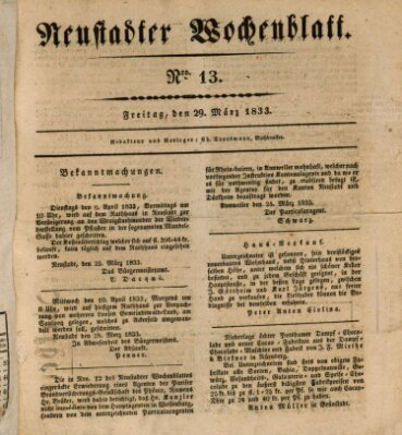 Neustadter Wochenblatt Freitag 29. März 1833