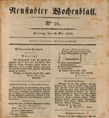 Neustadter Wochenblatt Freitag 24. Mai 1833