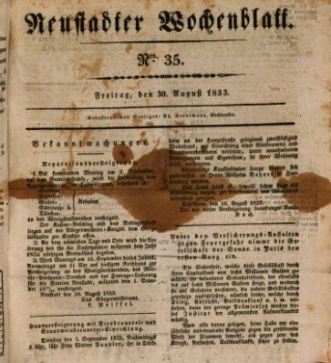 Neustadter Wochenblatt Freitag 30. August 1833