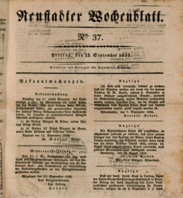 Neustadter Wochenblatt Freitag 13. September 1833