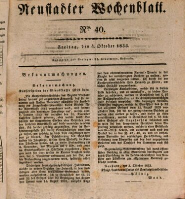 Neustadter Wochenblatt Freitag 4. Oktober 1833