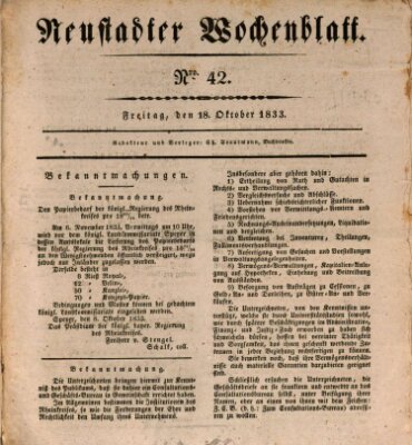 Neustadter Wochenblatt Freitag 18. Oktober 1833