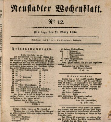 Neustadter Wochenblatt Freitag 21. März 1834
