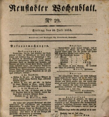 Neustadter Wochenblatt Freitag 18. Juli 1834