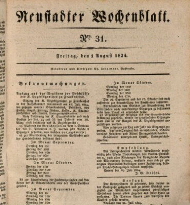 Neustadter Wochenblatt Freitag 1. August 1834