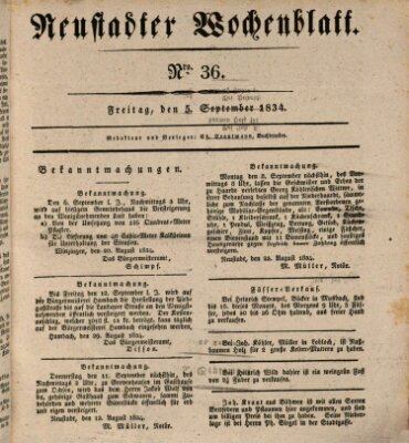 Neustadter Wochenblatt Freitag 5. September 1834