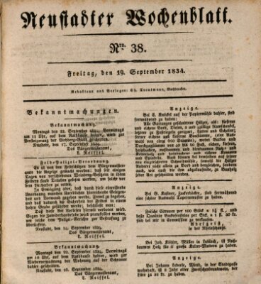 Neustadter Wochenblatt Freitag 19. September 1834