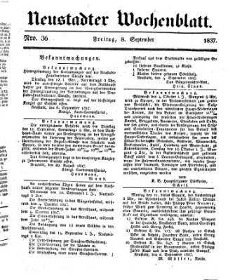 Neustadter Wochenblatt Freitag 8. September 1837