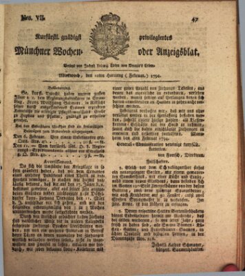 Kurfürstlich gnädigst privilegirte Münchner-Zeitung (Süddeutsche Presse) Mittwoch 12. Februar 1794