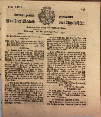 Kurfürstlich gnädigst privilegirte Münchner-Zeitung (Süddeutsche Presse) Mittwoch 2. Juli 1794