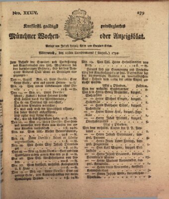 Kurfürstlich gnädigst privilegirte Münchner-Zeitung (Süddeutsche Presse) Mittwoch 20. August 1794