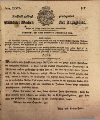 Kurfürstlich gnädigst privilegirte Münchner-Zeitung (Süddeutsche Presse) Mittwoch 24. September 1794