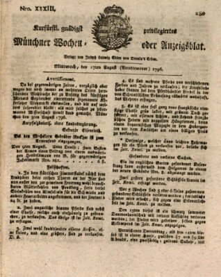 Kurfürstlich gnädigst privilegirte Münchner-Zeitung (Süddeutsche Presse) Mittwoch 17. August 1796