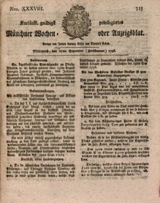 Kurfürstlich gnädigst privilegirte Münchner-Zeitung (Süddeutsche Presse) Mittwoch 21. September 1796