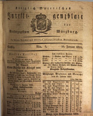 Königlich-baierisches Intelligenzblatt für das Großherzogthum Würzburg (Würzburger Intelligenzblatt) Dienstag 16. Januar 1816