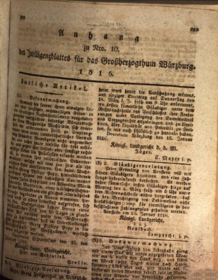 Königlich-baierisches Intelligenzblatt für das Großherzogthum Würzburg (Würzburger Intelligenzblatt) Samstag 27. Januar 1816