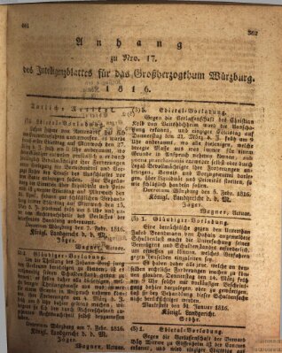 Königlich-baierisches Intelligenzblatt für das Großherzogthum Würzburg (Würzburger Intelligenzblatt) Donnerstag 15. Februar 1816