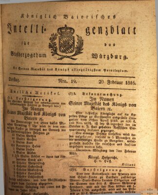 Königlich-baierisches Intelligenzblatt für das Großherzogthum Würzburg (Würzburger Intelligenzblatt) Dienstag 20. Februar 1816