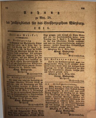 Königlich-baierisches Intelligenzblatt für das Großherzogthum Würzburg (Würzburger Intelligenzblatt) Donnerstag 14. März 1816