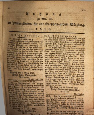 Königlich-baierisches Intelligenzblatt für das Großherzogthum Würzburg (Würzburger Intelligenzblatt) Samstag 16. März 1816