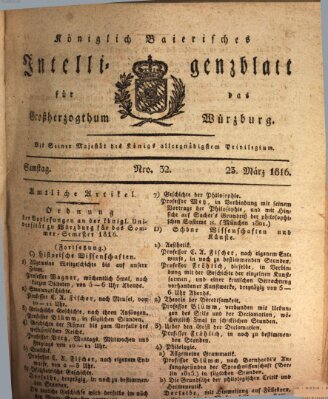 Königlich-baierisches Intelligenzblatt für das Großherzogthum Würzburg (Würzburger Intelligenzblatt) Samstag 23. März 1816