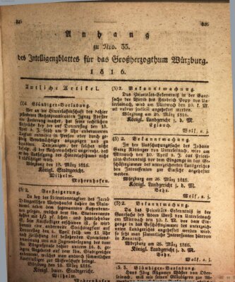 Königlich-baierisches Intelligenzblatt für das Großherzogthum Würzburg (Würzburger Intelligenzblatt) Dienstag 2. April 1816