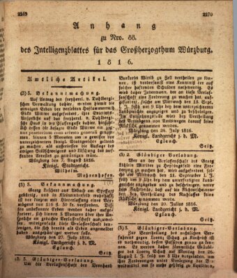 Königlich-baierisches Intelligenzblatt für das Großherzogthum Würzburg (Würzburger Intelligenzblatt) Donnerstag 22. August 1816