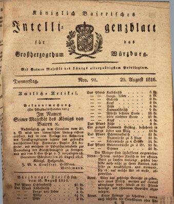 Königlich-baierisches Intelligenzblatt für das Großherzogthum Würzburg (Würzburger Intelligenzblatt) Donnerstag 29. August 1816