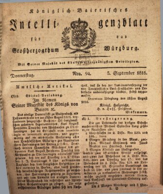 Königlich-baierisches Intelligenzblatt für das Großherzogthum Würzburg (Würzburger Intelligenzblatt) Donnerstag 5. September 1816