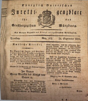 Königlich-baierisches Intelligenzblatt für das Großherzogthum Würzburg (Würzburger Intelligenzblatt) Dienstag 24. September 1816