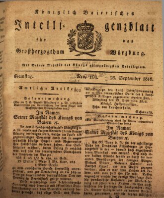 Königlich-baierisches Intelligenzblatt für das Großherzogthum Würzburg (Würzburger Intelligenzblatt) Samstag 28. September 1816