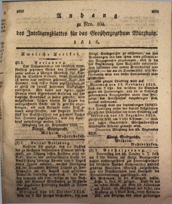 Königlich-baierisches Intelligenzblatt für das Großherzogthum Würzburg (Würzburger Intelligenzblatt) Samstag 28. September 1816