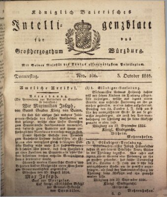 Königlich-baierisches Intelligenzblatt für das Großherzogthum Würzburg (Würzburger Intelligenzblatt) Donnerstag 3. Oktober 1816