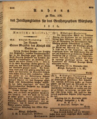 Königlich-baierisches Intelligenzblatt für das Großherzogthum Würzburg (Würzburger Intelligenzblatt) Donnerstag 3. Oktober 1816