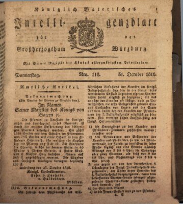 Königlich-baierisches Intelligenzblatt für das Großherzogthum Würzburg (Würzburger Intelligenzblatt) Donnerstag 31. Oktober 1816