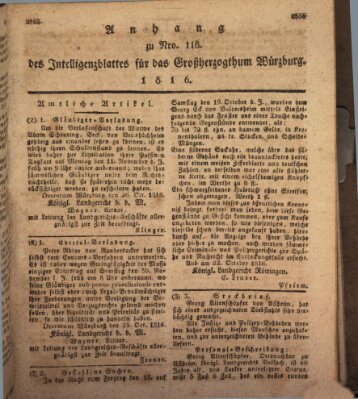 Königlich-baierisches Intelligenzblatt für das Großherzogthum Würzburg (Würzburger Intelligenzblatt) Donnerstag 31. Oktober 1816