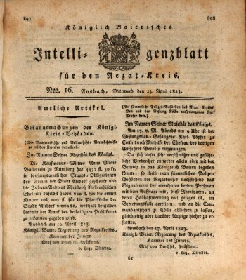 Königlich Bayerisches Intelligenzblatt für den Rezat-Kreis (Ansbacher Intelligenz-Zeitung) Mittwoch 23. April 1823