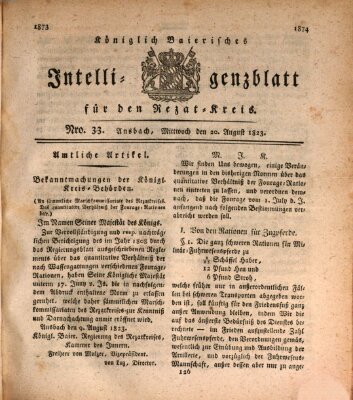 Königlich Bayerisches Intelligenzblatt für den Rezat-Kreis (Ansbacher Intelligenz-Zeitung) Mittwoch 20. August 1823