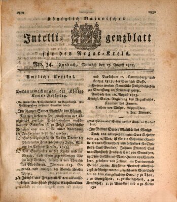 Königlich Bayerisches Intelligenzblatt für den Rezat-Kreis (Ansbacher Intelligenz-Zeitung) Mittwoch 27. August 1823